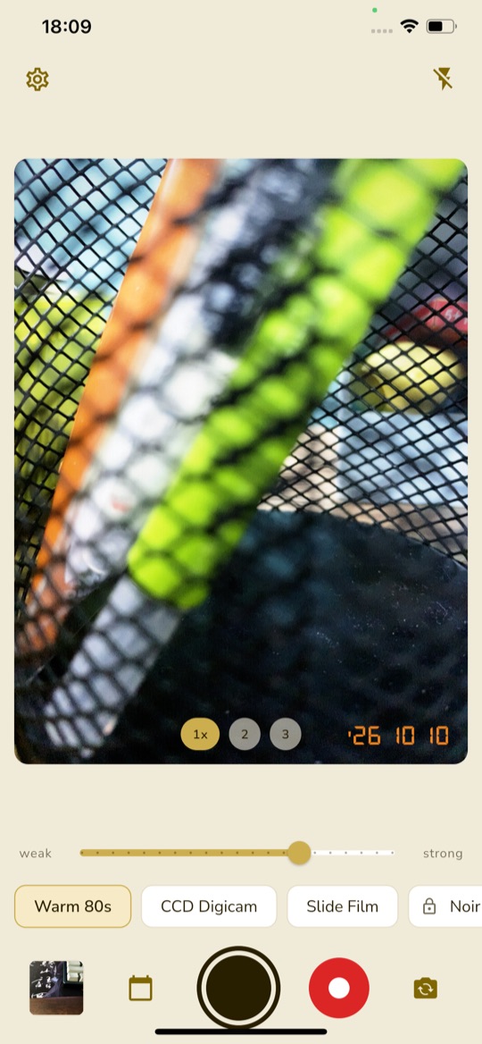 MatteCam camera viewfinder with a live film look and date stamp