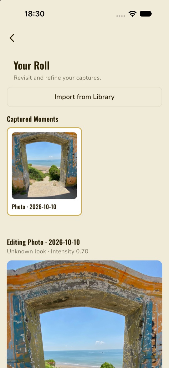 Your Roll screen with film shots in MatteCam